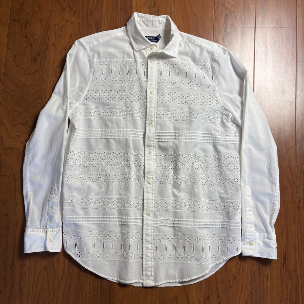 Polo Ralph Lauren White Eyelet Embroidered Cotton Button Down Shirt Size 8